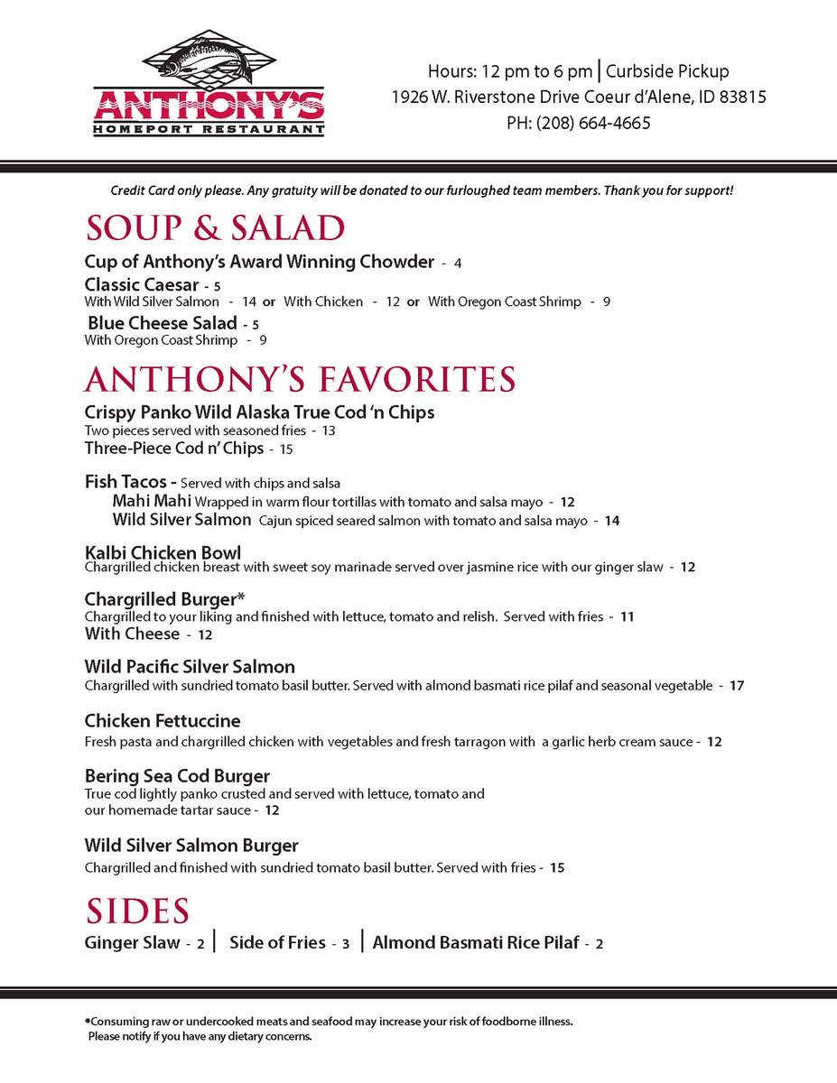 Anthony's is offering a to-go menu 🥘and is available from 12pm-6pm. The to-go window will be at the backside of the restaurant, facing Riverstone Pond. They will also be offering call ahead curbside pickup. Contact info on menu: