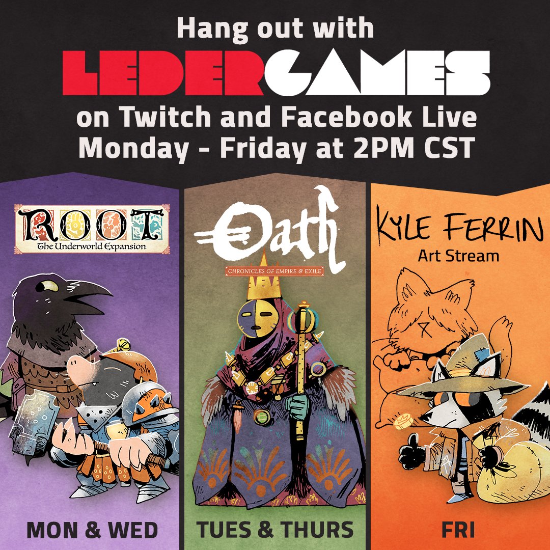 LederGames's tweet photo. 😍 WE WANT TO HANG OUT WITH YOU! We are kicking off the week live streaming a game of #RootUnderworld at 2PM CST! Join us on Twitch: https://t.co/gIWf59HYKk or Facebook Live: https://t.co/OgISmDCC0a https://t.co/9rLVf7Mkah