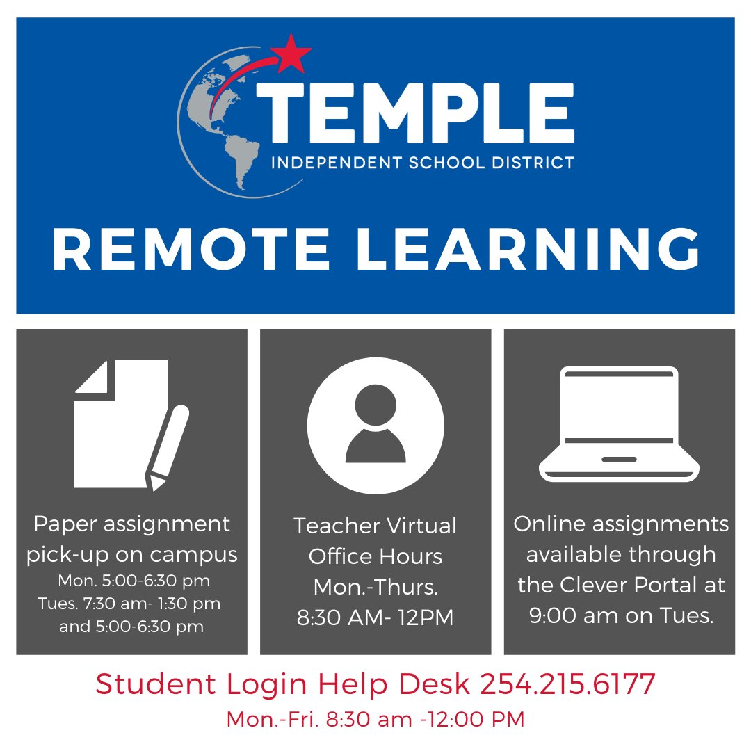 TempleISD's tweet image. Remote Learning starts this week!  Lesson can be accessed online or paper packets can be picked up from the campus.  Please be prepared to follow social distancing practices if you pick-up assignments from our campuses.