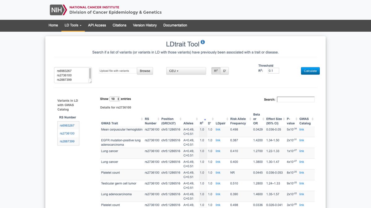 mitchiela's tweet photo. Introducing #LDtrait, our new #LDlink web tool
to search if a list of variants (or variants in LD with those variants) have previously been associated with a trait or disease.
https://t.co/0K3U2wKg1X
@NCIEpiTraining @GWASCatalog @1000genomes https://t.co/mgX5PHxfNh