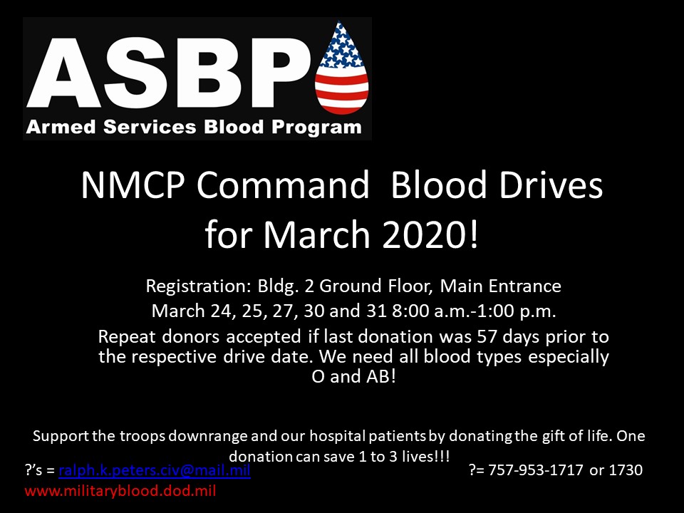 #NMCPReadyForTheFightTonight #NMRTCPortsmouth
NMCP is hosting five more Blood Drives for March! Blood donations are safe to give during the COVID-19 outbreak.