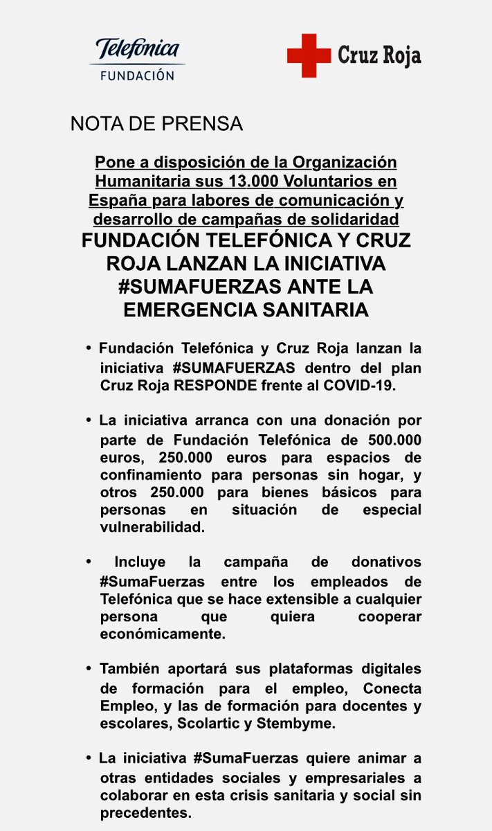 mari38jo's tweet photo. Porque juntos podemos. @fundacionTef y @CruzRojaEsp suman fuerzas para luchar contra #COVIDー19 👏👏👏#SumaFuerzas https://t.co/FyFEUoZ2cu