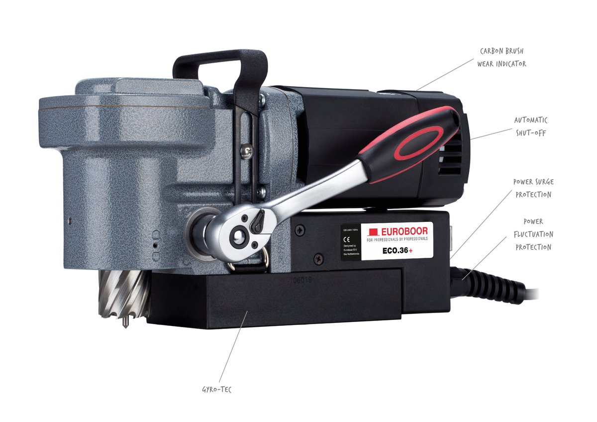 Euroboor's tweet photo. Looking for the perfect machine for drilling in spaces with limited height? Then meet our ECO.36+. The lowest magnetic drilling machine in the world, measuring only 165 mm (6 1/2") in height. Check out our ECO.36+ with smart electronics now: https://t.co/eewkLrUewD. https://t.co/7PYEuqvyOI