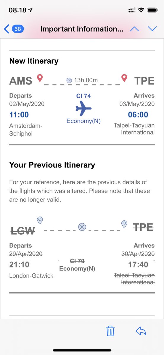 AlexGilbert99's tweet photo. @opodo @ChinaairlinesEN Opodo you’re taking the p**s now. Rather than refund me for a clearly cancelled flight, you’ve “changed the itinerary” it’s now 4 days after the original departure from a different country!!. Refund please!!!!!! https://t.co/msKyhygLAb