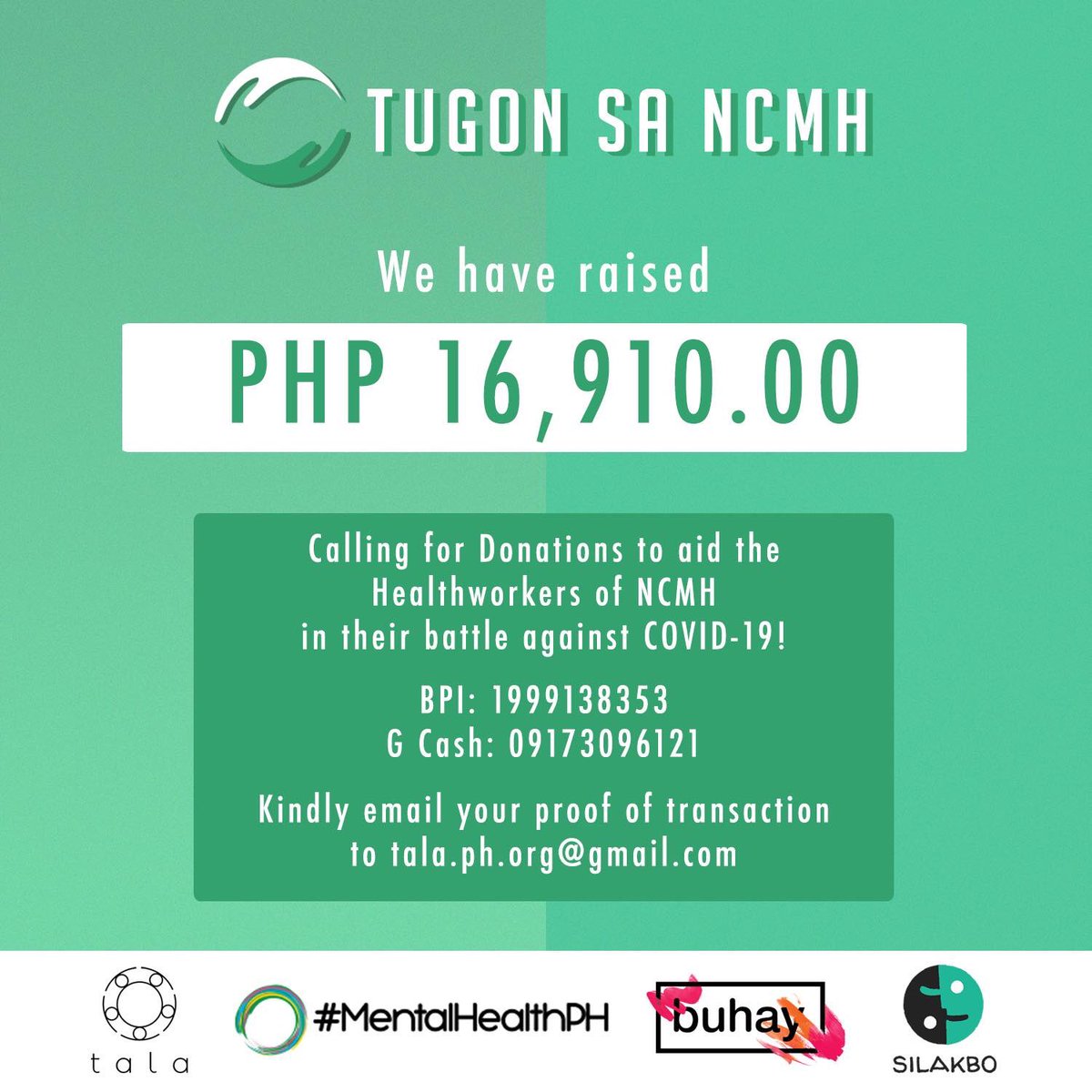SilakboPH's tweet photo. We have raised PHP 16,910 so far for NCMH 💚

The facility has 2000 doctors, 3600 patients, with 17 infections, 89 PUIs, &amp; 2 deaths.

Donate through:
BPI-1999138353
GCash-09173096121

For queries, contact Gen at 09173096121. #TugonsaNCMH #phcvdonate #helpfromhomeph https://t.co/cEj79z6DB3