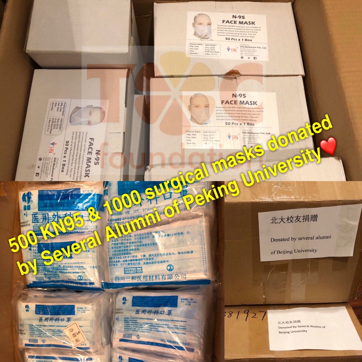 FoundationToc's tweet photo. 500 KN95 &amp; 1000 surgical masks donated by Several Alumni of Peking University❤️ #TOCF #TOCFoundation 
#ChineseAmerican 
#GuardingTheAngels
#ChineseAmericansFightCovid19
#GetUSPPE #PPEShortages
#Covid19
#InThisTogether
#ChineseInLA
#StrongerTogether
#coronavirus #losAngeles #socal https://t.co/unFkaaWUjn