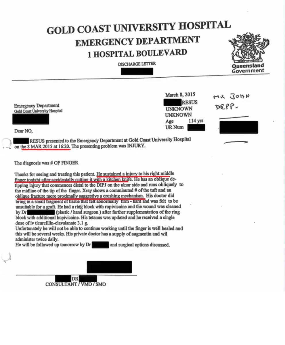 Medical discharge form from the hospital Johnny was treated for his finger. You can see the explanation for the injury is the same as Malcolm gave, but that the doctor says the injury was more suggestive of a crushing mechanism ie not a knife
