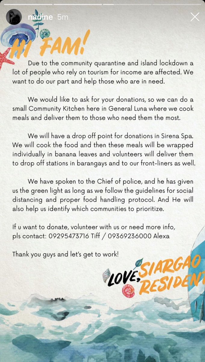 Check out the call for donations for assistance to the frontliners and community in Siargao! Any amount will go a long way for families in lockdown! Nadine’s IGS c/o  @lovexpsycheMy FunnyWifey  #OTWOLFairytale2020
