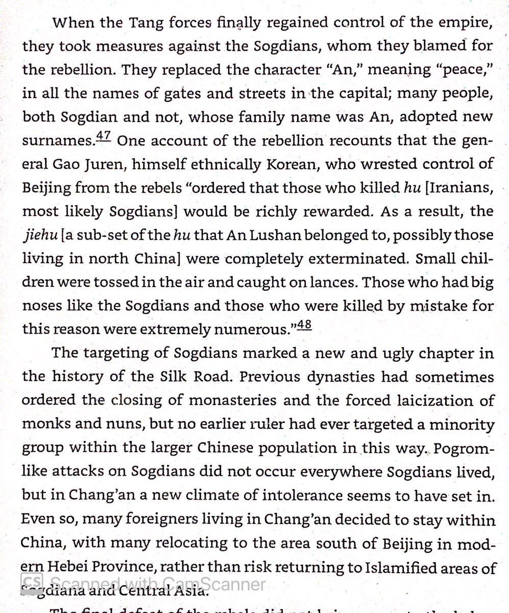 An Lushan Rebellion led Tang Dynasty to devolve much power to regional governors. Sogdians & large nosed people were massacred after the rebel defeat, & one group of Sogdians was exterminated. Survivors were renamed, as were many streets & gates with Sogdian connotations.