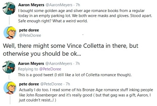 From today's Twitter feed.
Classic Vinnie Colletta exchange. A disparaging remark followed by a pie in the face. Kudos to <a href="/PeteDoree/">Finding Pete Doree Comics</a> for that uniquely creative and highly entertaining put-down.
