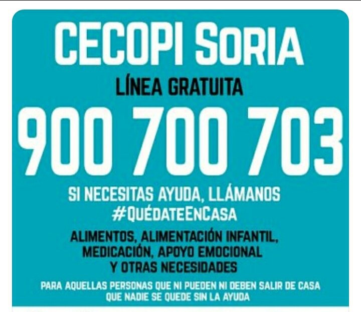 PCAlconaba's tweet photo. CECOPI
Se ha habilitado el número de teléfono 900700703 para ofrecer ayuda a todos los sorianos que no puedan ni deban salir de sus casas en este periodo de confinamiento
SI NECESITAS AYUDA,LLAMA!
#QUEDATEENCASA
@Ayto_Soria @dipsoria @jcyl @cruzrojasoria @SoriaCaritas @PCAlconaba https://t.co/1BwPS8uBZ5