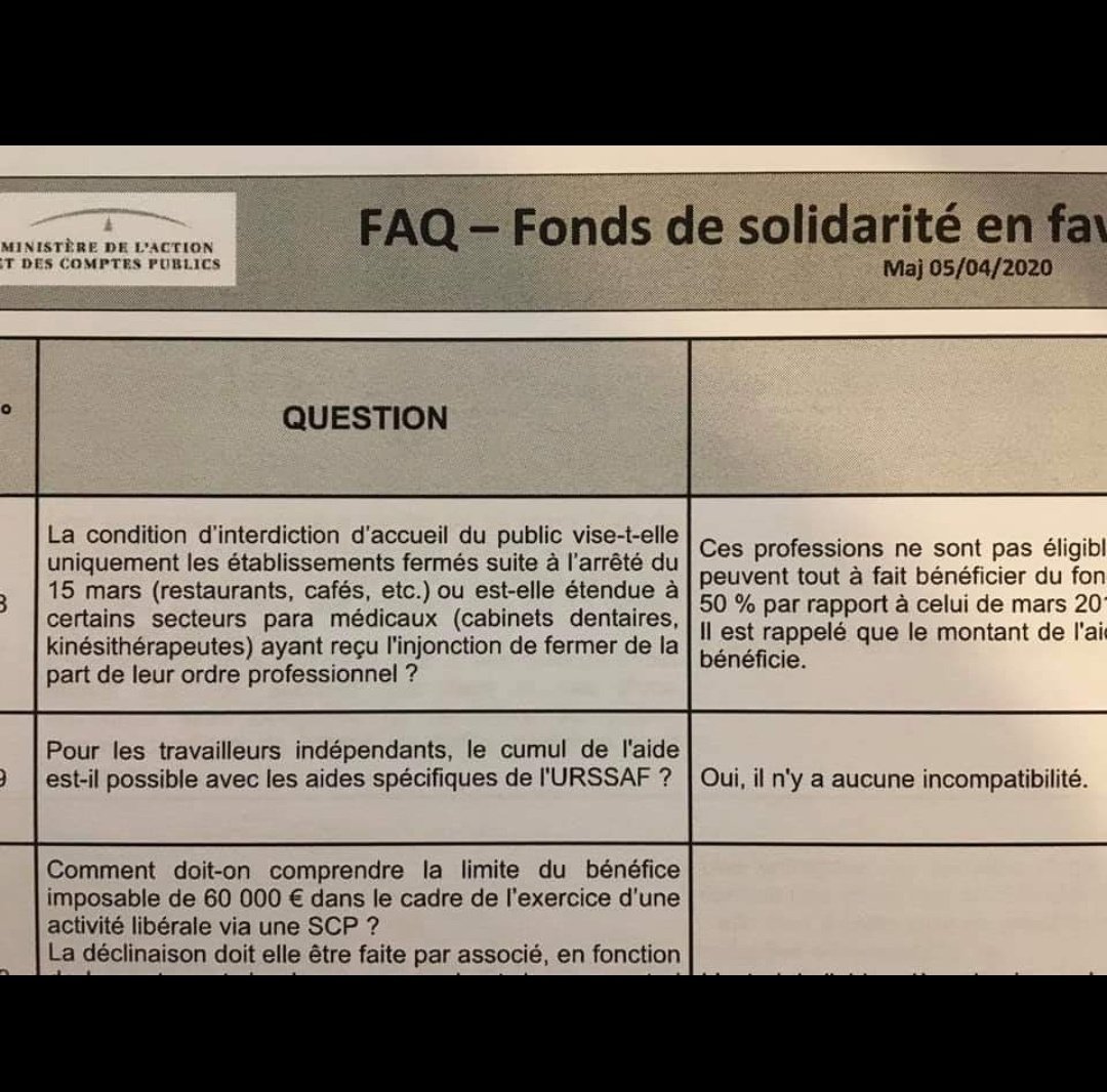 Quand tu apprends au réveil que finalement les aides <a href="/urssaf/">Urssaf</a> #Covid_19 ne sont pas compatibles avec le fonds de solidarité <a href="/dgfip_officiel/">Direction générale des Finances publiques</a> ... avec une FAQ impôts.gouv du 5 avril affirmant le contraire 😊 #Désolant #Affligeant #BonjourLaCohérence <a href="/GDarmanin/">Gérald DARMANIN</a>