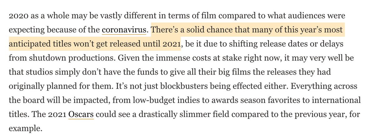 Clips are from this Screenrant piece, which details how Hollywood's underlying financial troubles are going to be exacerbated by this crisis. https://screenrant.com/hollywood-coronavirus-covid-19-industry-changes-after-impact/Box Office Mojo shows the collapse in movie theater revenue. https://www.boxofficemojo.com/weekly/?ref_=bo_nb_da_secondarytab