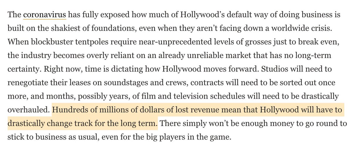 Clips are from this Screenrant piece, which details how Hollywood's underlying financial troubles are going to be exacerbated by this crisis. https://screenrant.com/hollywood-coronavirus-covid-19-industry-changes-after-impact/Box Office Mojo shows the collapse in movie theater revenue. https://www.boxofficemojo.com/weekly/?ref_=bo_nb_da_secondarytab