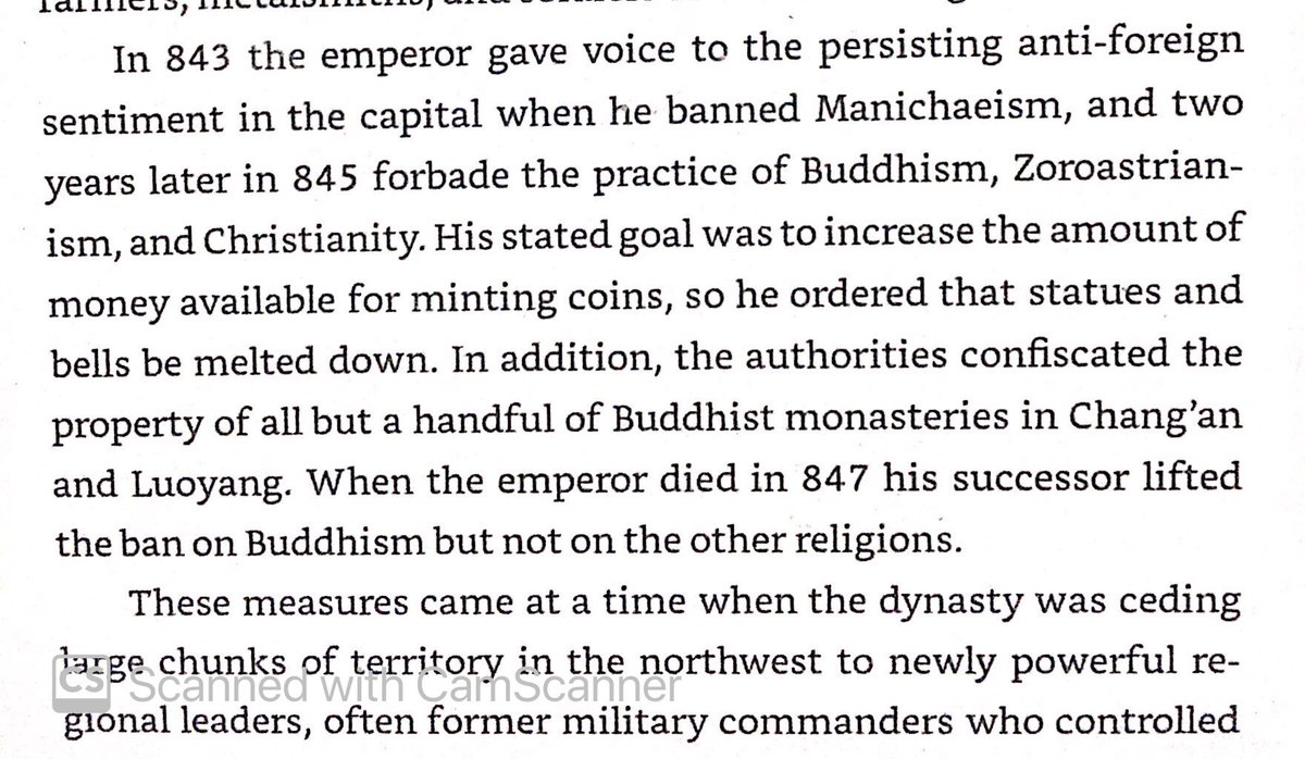 China banned Buddhism, Christianity, Manichaeism, & Zoroastrianism in the 840s. Buddhism was legalized again several years later, but not the others.