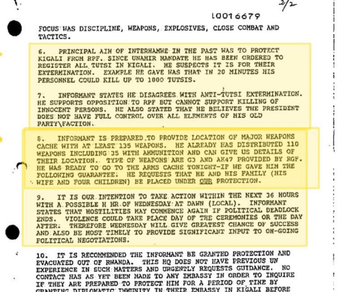 And the world knew this was genocide. We were warned it was coming eg in this telegram from the UNAMIR commander to UN. It is really important to remember: it wasn’t that we didn’t intervene. The UN was there in Rwanda and we withdrew. 3/