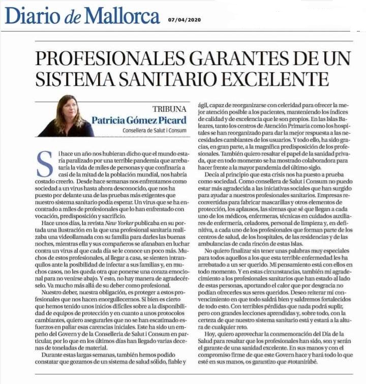 Patgompic's tweet photo. Hoy 7 de abril conmemoramos el #diamundialdelasalud mi agradecimiento a nuestros profesionales que han sido, son y serán el garante de una sanidad excelente en les Illes Balears #EsteVirusLoParamosUnidos  https://t.co/pDjmkwreRC https://t.co/CK8o96WKYS