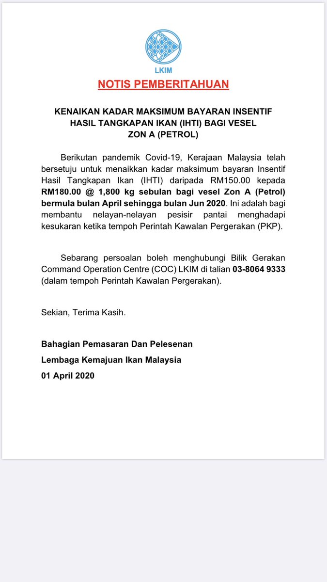 lkim_kelantan's tweet photo. Makluman kepada semua nelayan zon A, Kadar maksimum Insentif Hasil Tangkapan Ikan telah dinaikan daripada RM 150.00 kepada RM 180.00 @ 1800KG sebulan bermula bulan April sehingga Jun 2020.
#stayathome #nelayanherokami https://t.co/XjyX2MzFm9
