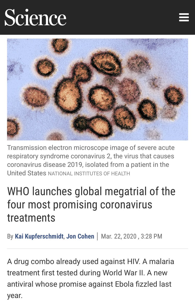  #WHO launches  #global  #megatrial of the four most  #promising  #coronavirus treatmentsA  #drug combo already used against  #HIV. A  #malaria treatment first tested during World War II. A new  #antiviral whose promise against  #Ebola fizzled last year.