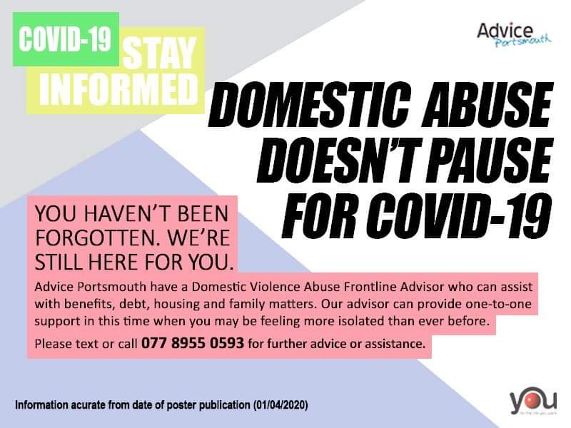 AdvicePortsmou1's tweet photo. #advice #support #stayinformed #domesticabuse #doesntpause #frontlineadvisor #assistance #onetoonesupport #text #call #Covid_19 #adviceportsmouth #theyoutrust #portsmouthcitycouncil https://t.co/1zAW7U8gCK