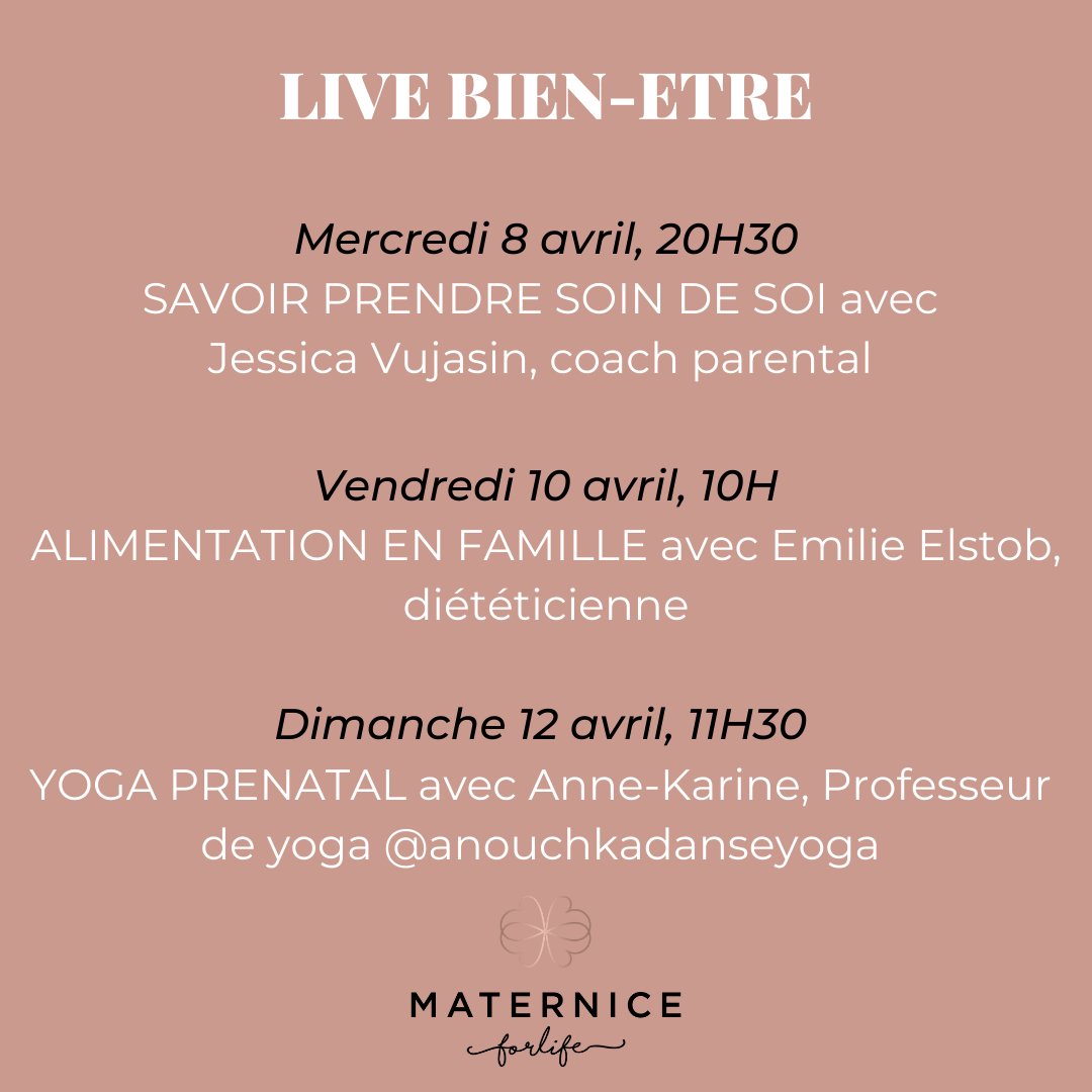 (LIVE BIEN-ETRE)🔥
3 nouveaux RDV au programme de cette semaine, à découvrir sur insta/materniceforlife 
#liveinstagram #parentsconfinés #PrenezSoinDeVous