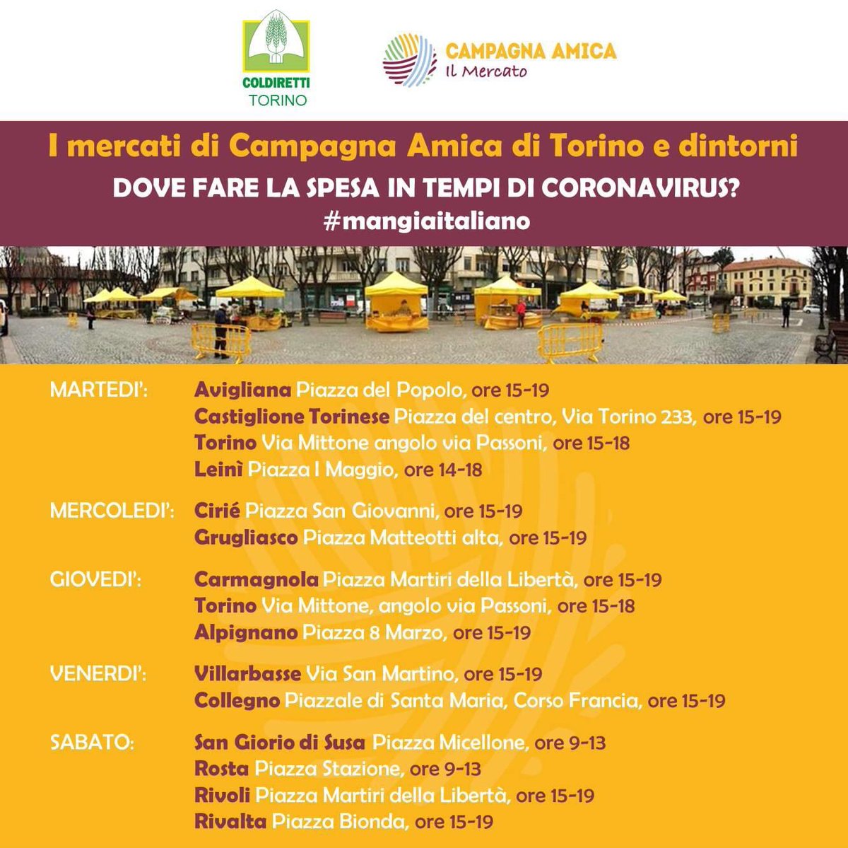 ColdirettiTo's tweet photo. Volete mangiare #cibo locale, di #qualità’ e stagionale? Ecco i #mercati di @campagnamica @coldiretti presenti sul territorio #torinese questa settimana. #lacampagnanonsiferma #mangiaitaliano #cosebuone #personebuone https://t.co/G0yvPmwJvI