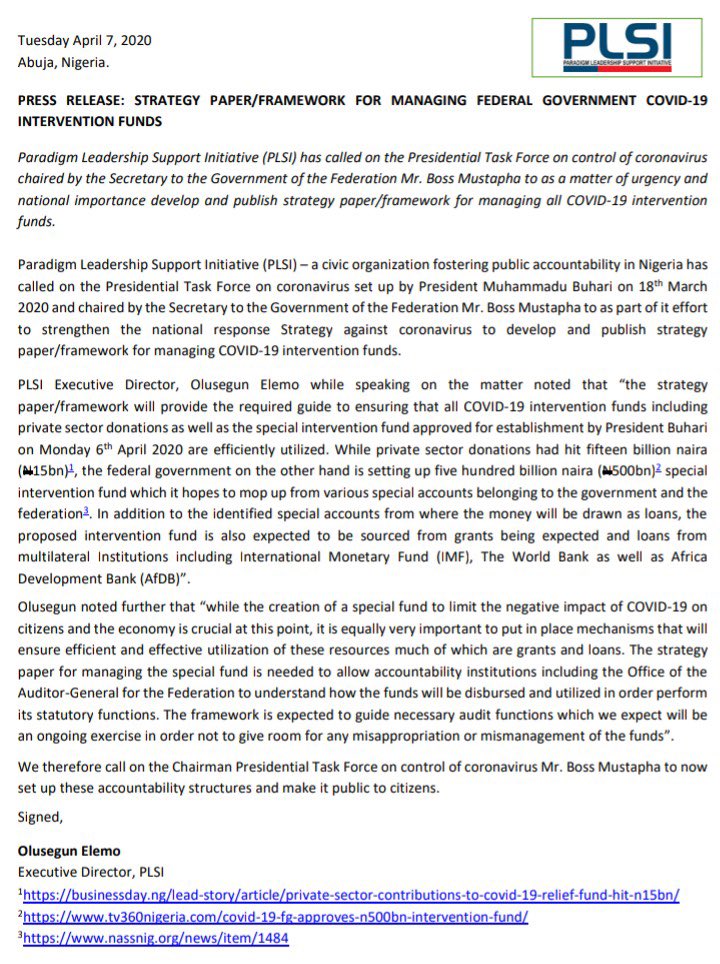 We’ve called on <a href="/OfficialOSGFNG/">ⅭZ༝🔶­­­ ­­В­­l­n­­­­a­n­­­с­­­­­e­</a> to as a matter of urgency and national importance develop and publish strategy paper/framework for managing <a href="/NigeriaGov/">Government of Nigeria</a> #COVID19 intervention funds to ensure resources are efficiently and effectively utilized.