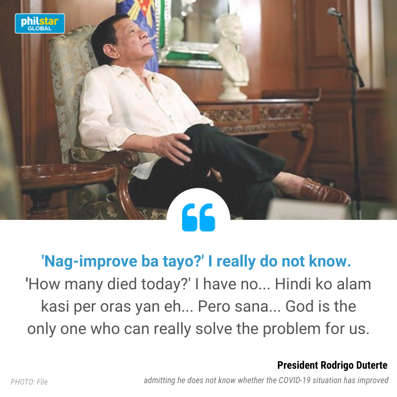 President Duterte, the highest elected official in the entire Philippine gov't, admitted he does not know whether the  #COVID19 situation has improved. He was previously granted emergency powers and billions of pesos in funding to fight COVID-19Story:  https://www.philstar.com/headlines/2020/04/07/2006056/duterte-approves-luzon-wide-community-quarantine-until-april-30