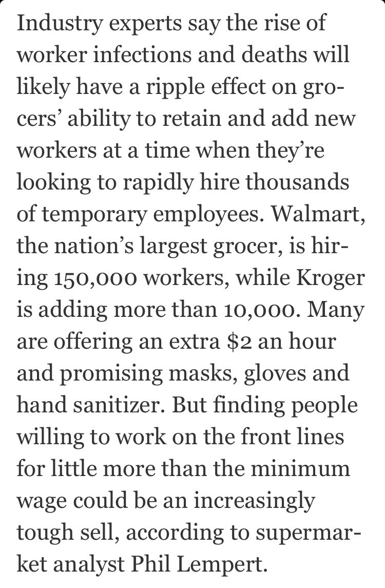 To clarify, it's not just the workers literally dying, but "finding people willing to work on the front lines" for "an extra $2 an hour."