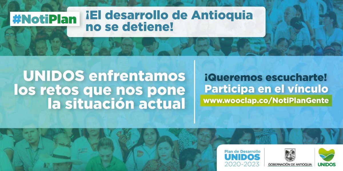 Claudia_GarciaL's tweet photo. #NotiPlan | Nuestro Plan de Desarrollo UNIDOS 2020-2023 está siendo revisado bajo un enfoque de resiliencia regenerativa, a propósito del contexto mundial. Participa con tus ideas ¡Queremos escucharte! https://t.co/AB27XL3Cj5 | @GobAntioquia @anibalgaviria https://t.co/q03zlaiVcC
