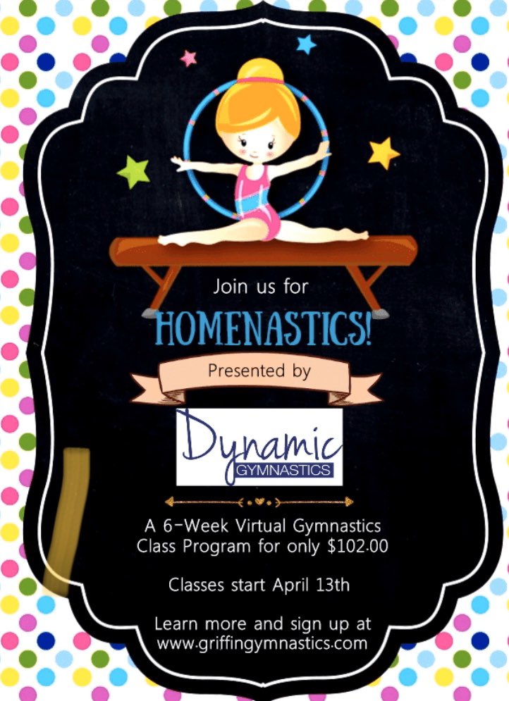 DynamicGriffins's tweet photo. We are now offering virtual gymnastics classes!! You do not need to be enrolled at Dynamic Gymnastics to sign up!  Pass the word along to help support our gym during #COVID19.  #virtualgymnastics #virtual #supportsmallbusinesses #gymnastics https://t.co/2weVEsWB9T