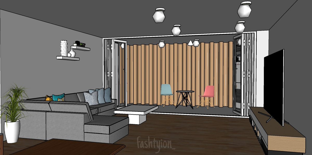  ruang tengah ㅡ living arealounge ft. cushion, coffee table dan tv segede alaihum gambreng