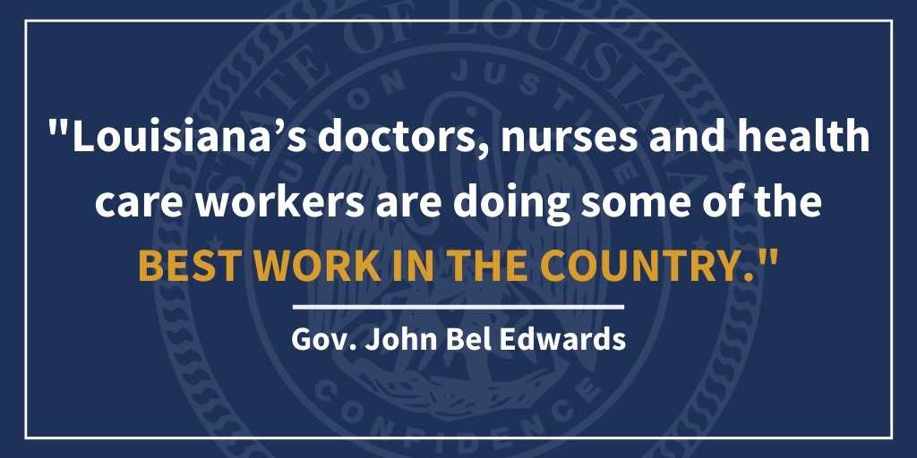 LouisianaGov's tweet photo. Louisiana's medical professionals are putting themselves in harm's way and risking their own health and safety in order to take care of others every day. Do your part, stop the spread of COVID-19 in Louisiana and stay home for our heroes on the front lines. #lagov #lalege https://t.co/YKMo4IwtsH