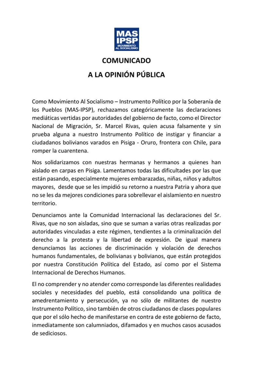 BOmereceMAS's tweet photo. Como MAS-IPSP rechazamos las declaraciones de las autoridades del gobierno de facto que acusan falsamente y sin prueba alguna a nuestro Instrumento Político, de financiar e instigar a ciudadanos bolivianos, aislados en Pisiga, a romper la cuarentena. https://t.co/1eIXQ29MRD