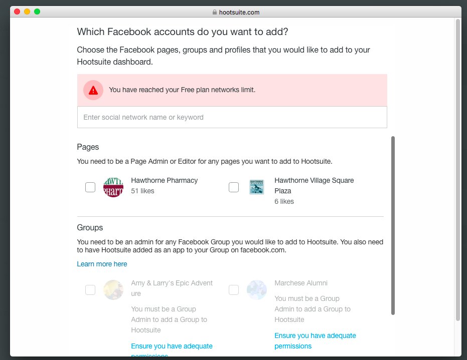 faisalpharmacy's tweet photo. @Hootsuite_Help can you help me. Free acct, 3 SN set up. Go to post, only 2 (LI, TW) show up. FB Stream appears on dash, but can't post to it. Get the attached message: https://t.co/FJZjBFk39A