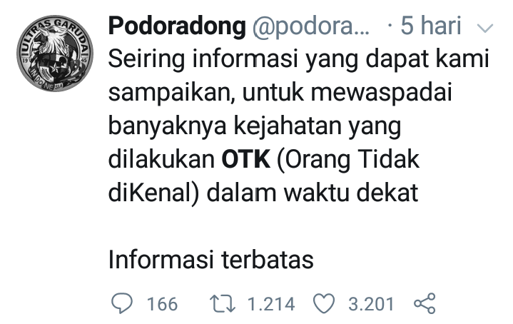 podoradong's tweet photo. Sejak 1 April dan 5 April lalu kami selalu sebut OTK

Kejahatan perampokan akan ikut mewabah https://t.co/YgrYVqnueZ