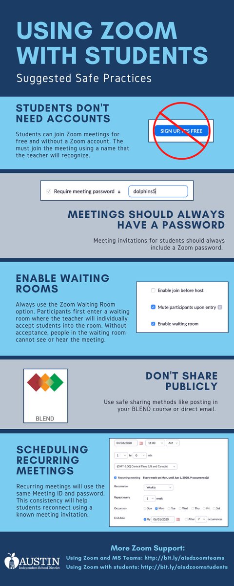 Zoom is still a great platform for checking in with students, having meetings to get students less isolated and thinking about learning. Here are a few things that help provide safer meetings online.