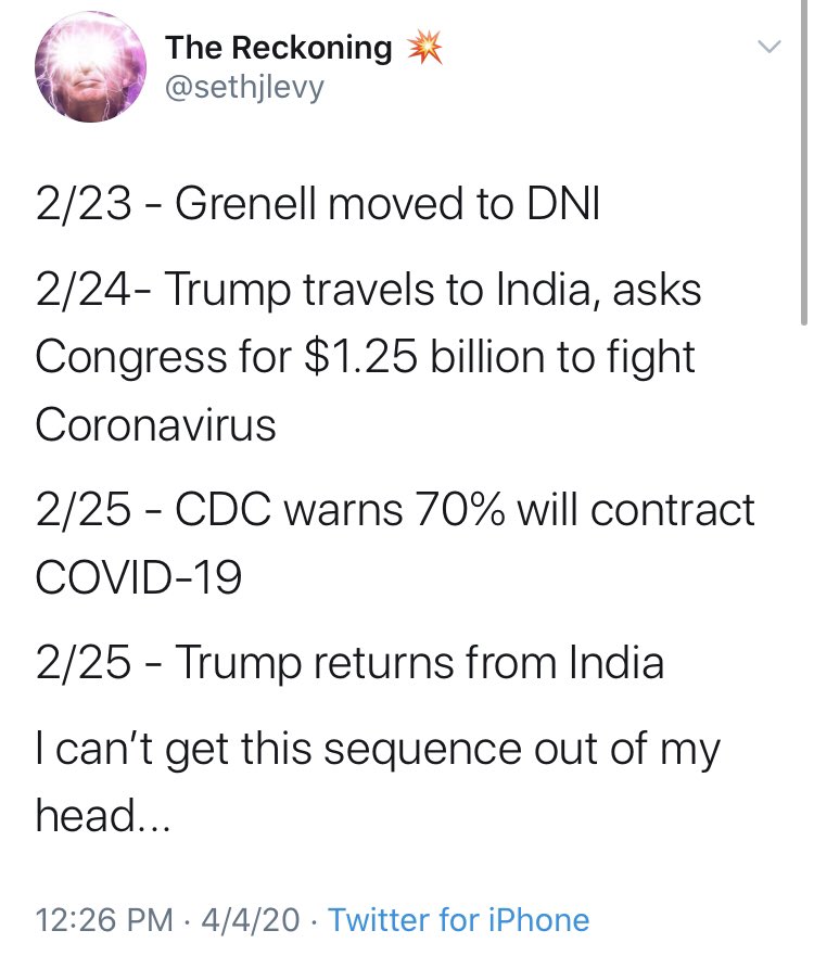 February 23 Trump moves Grenell to DNIFebruary 24 Trump is able to speak in person to Modi. Later that day he tweets “Coronavirus is very much under control in the USA”.February 25 CDC reports publicly what Navarro memo had described to WH in January.