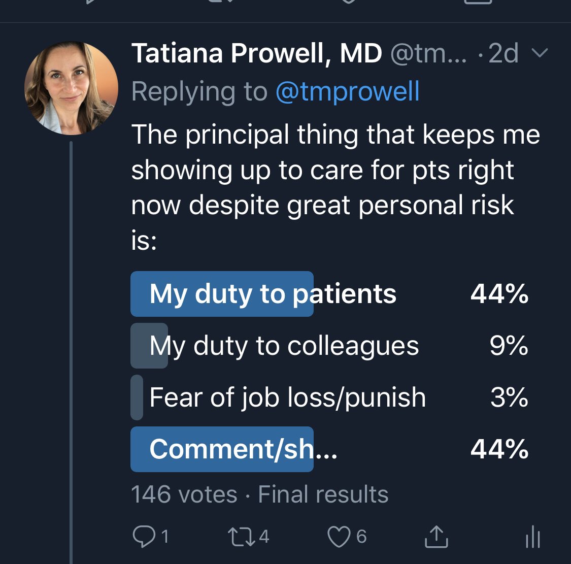 Tweet 3/X: As soon as we engage in this debate, we accept  #GetMePPE as “just how it is”. That’s dangerous. No dr consented to risk of death. Drs will show up despite poor PPE. In this  #COVID19 poll, of 82 actual votes, 78% come out of duty to pts & 16% out of duty to colleagues.