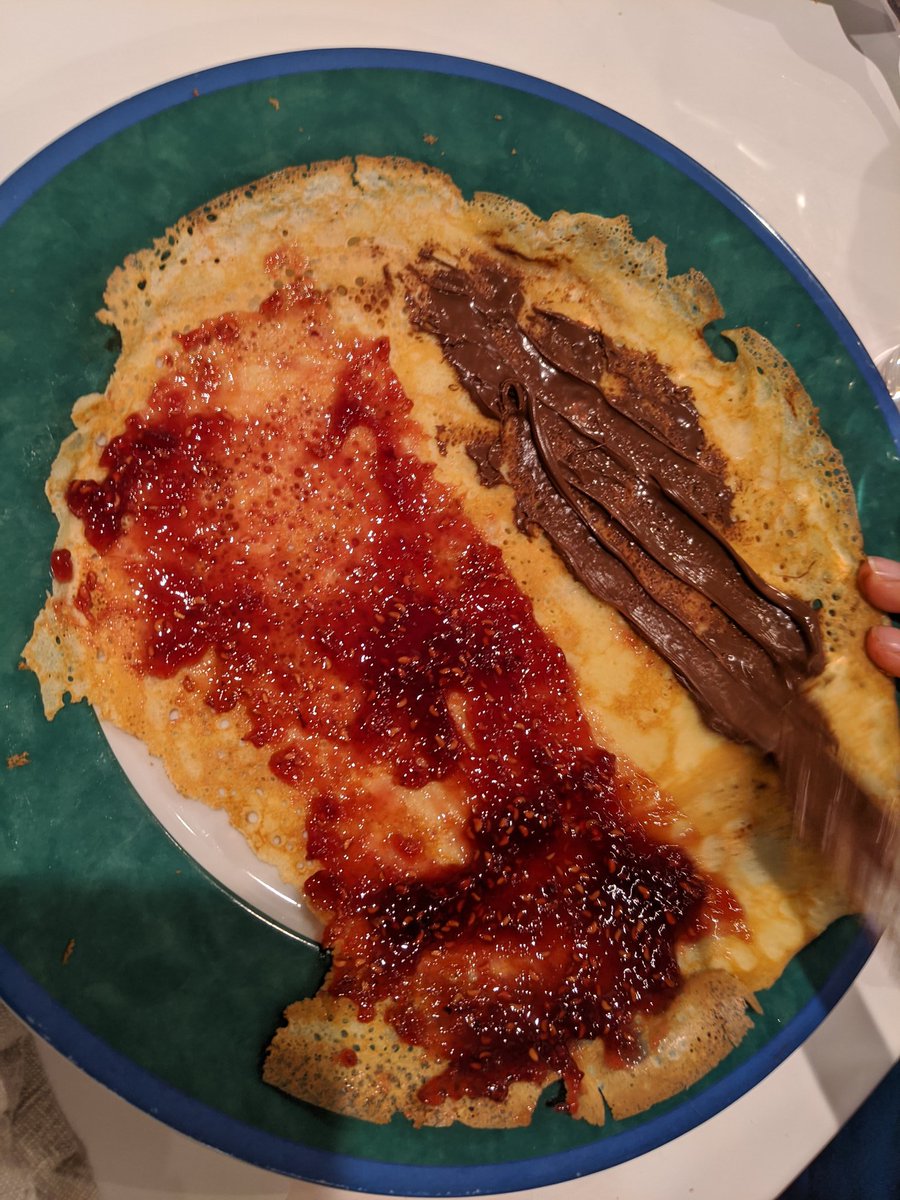 The children like this bastardized jam and nutella dessert crepe.