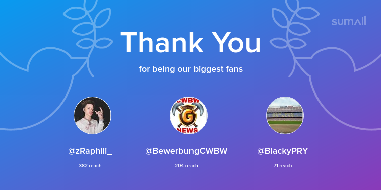 Our biggest fans this week: zRaphiii_, BewerbungCWBW, BlackyPRY. Thank you! via sumall.com/thankyou?utm_s…