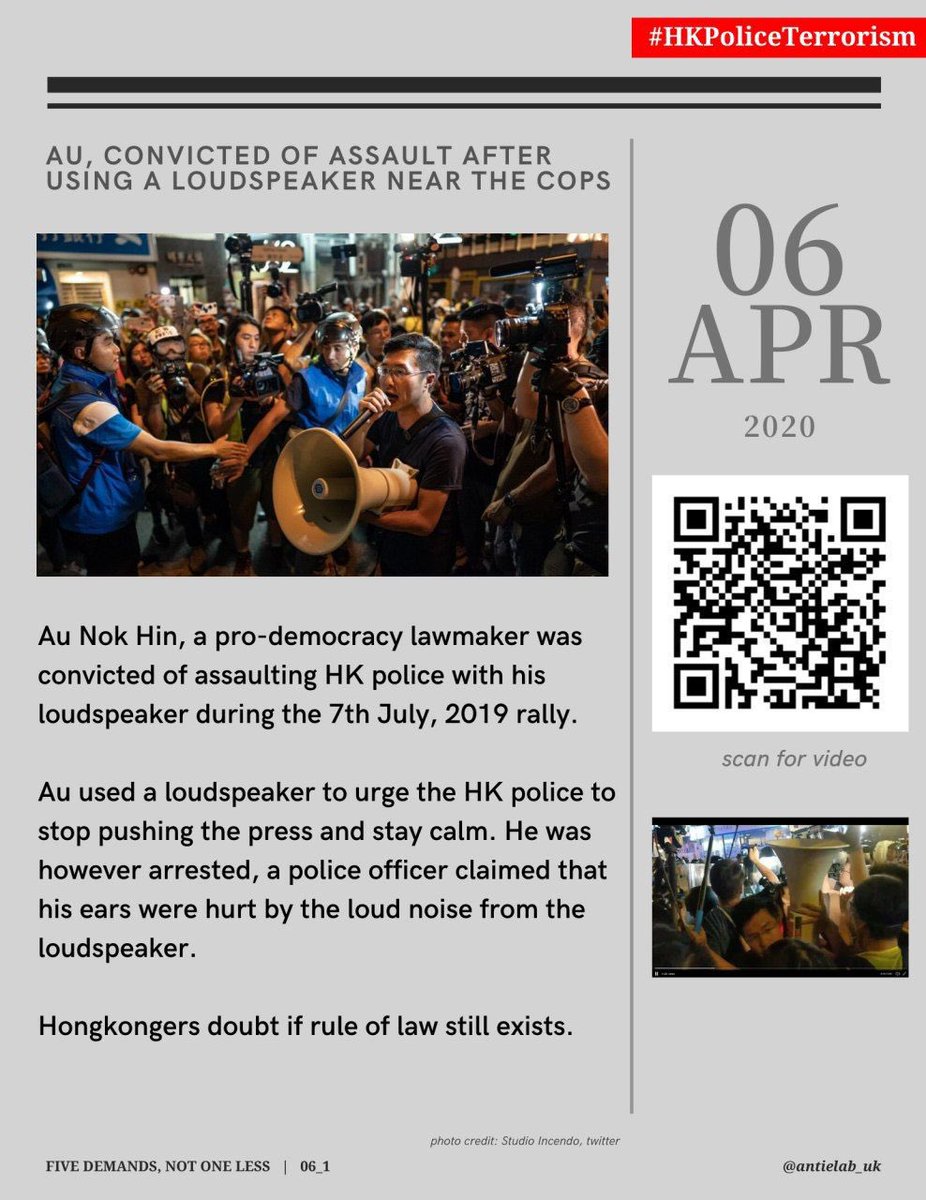 bIackobject's tweet photo. 來源/ #AntiExtraditionChannel
https://t.co/A8j5PwNdiO
06 Apr 2020
Au, convicted of assault after using a loudspeaker near the cops
Au Nok Hin ,a pro-democracy lawmakers was convicted of assaulting HK Police with his loudspeakers during the 7th July,2019 rally. https://t.co/6IqektmYRy