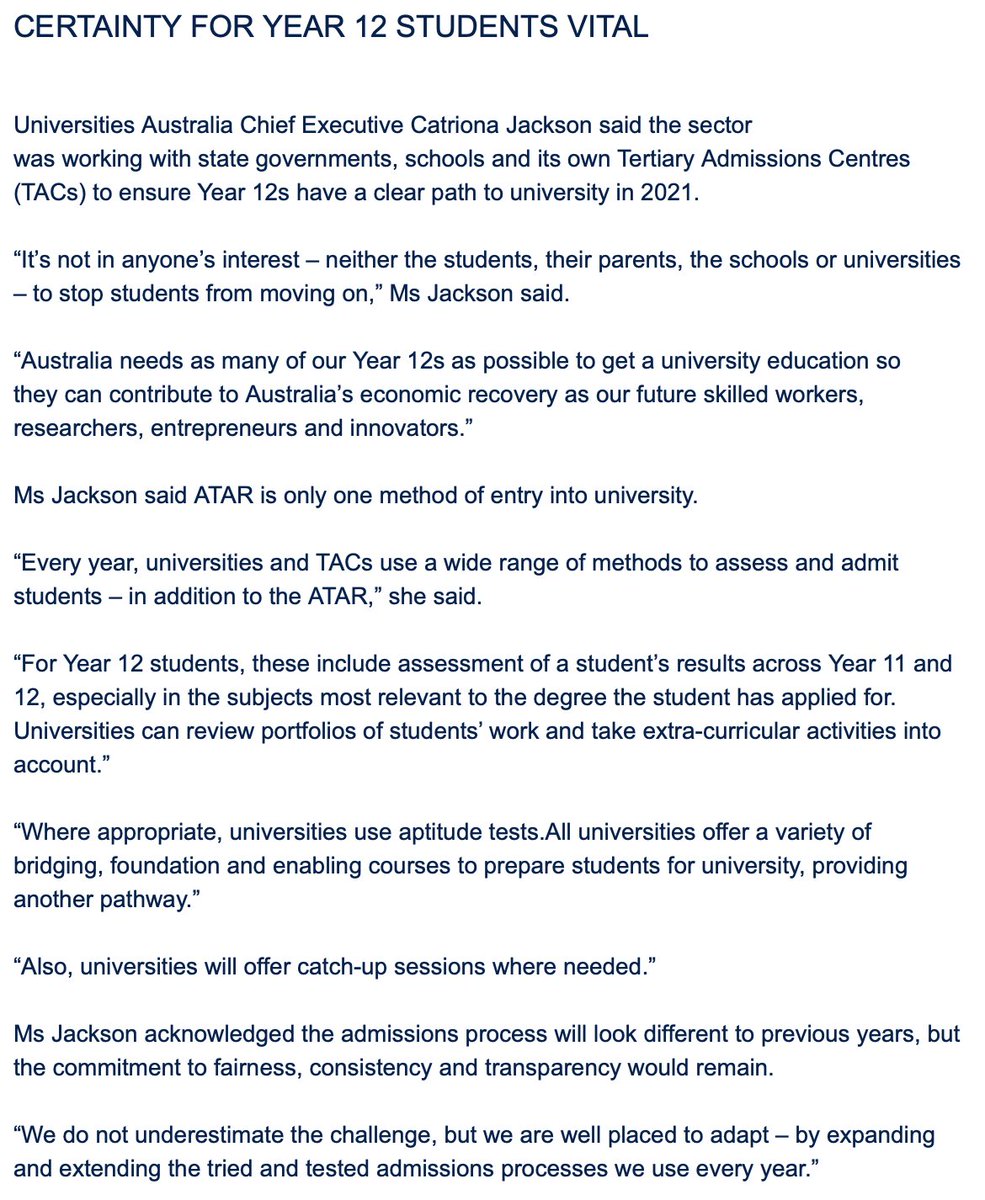 Certainty for year 12 students vital. Read our media release here: ow.ly/p37M50z7e4X #highered #covid19