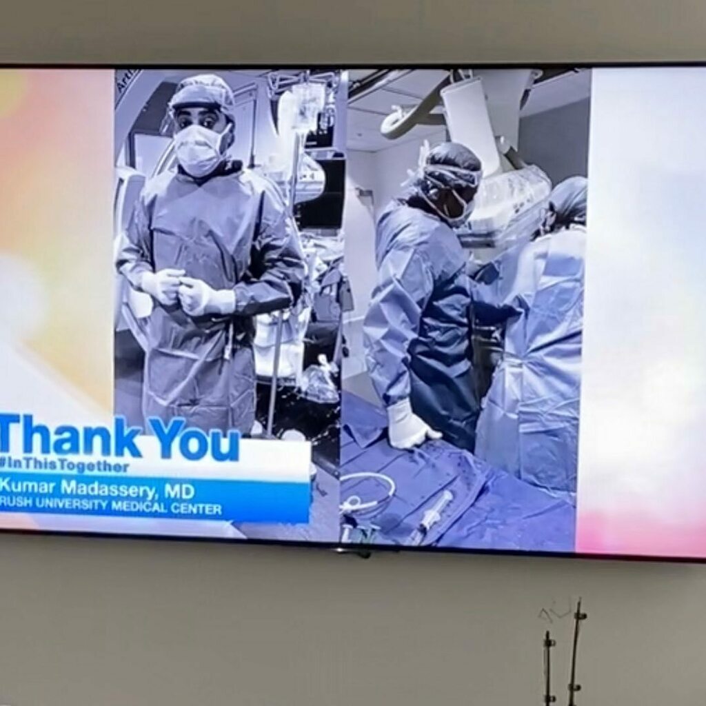 kmadass's tweet photo. Big thanks to @abc7chicago for showing our presence and appreciation of all our HCWs our there! Prayers to all all our colleagues everywhere. @rushmedical #StayHome #KeepFlattening https://t.co/5VynKsLam3