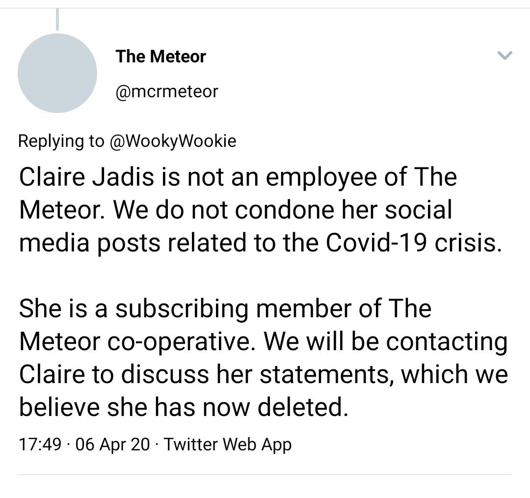 P.S it would appear from research that she is a contributing author for  @mcrmeteor who have issued the statement in a picture below, given her lack of remorse, the clear attempt to hide this, I would say “talking too” should be “distancing themselves from” for “social justice”.