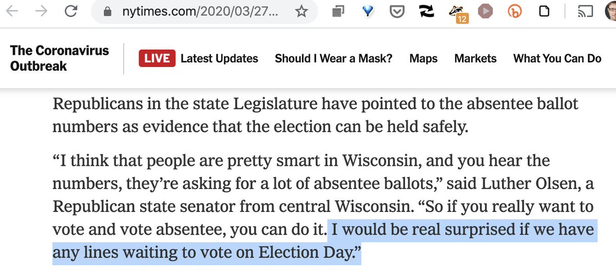 Next up: meet State Senator Luther Olsen! You worry warts out there might be concerned voters will swap viruses at the FIVE polling places in Milwaukee (pop. 595,351), down from 180. Not Luther! "I would be real surprised if we have any lines waiting to vote on Election Day."
