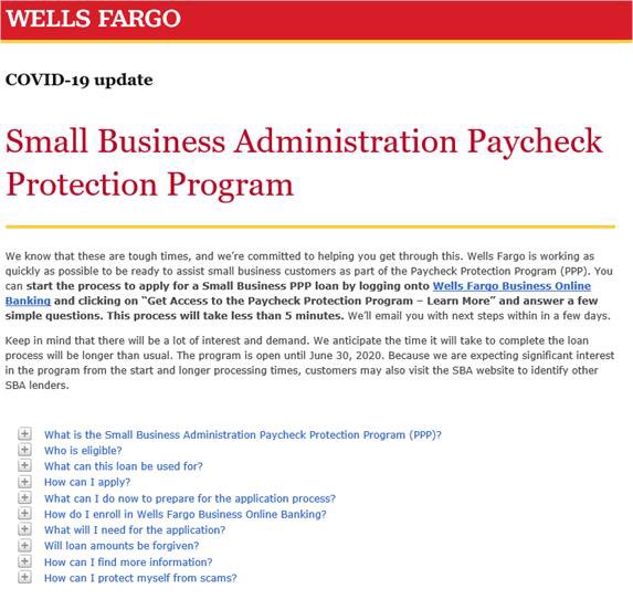 Wells Fargo is now able to start the information gathering process for Wells Fargo business checking customers through Wells Fargo business online banking!
 
update.wf.com/coronavirus/pa…
