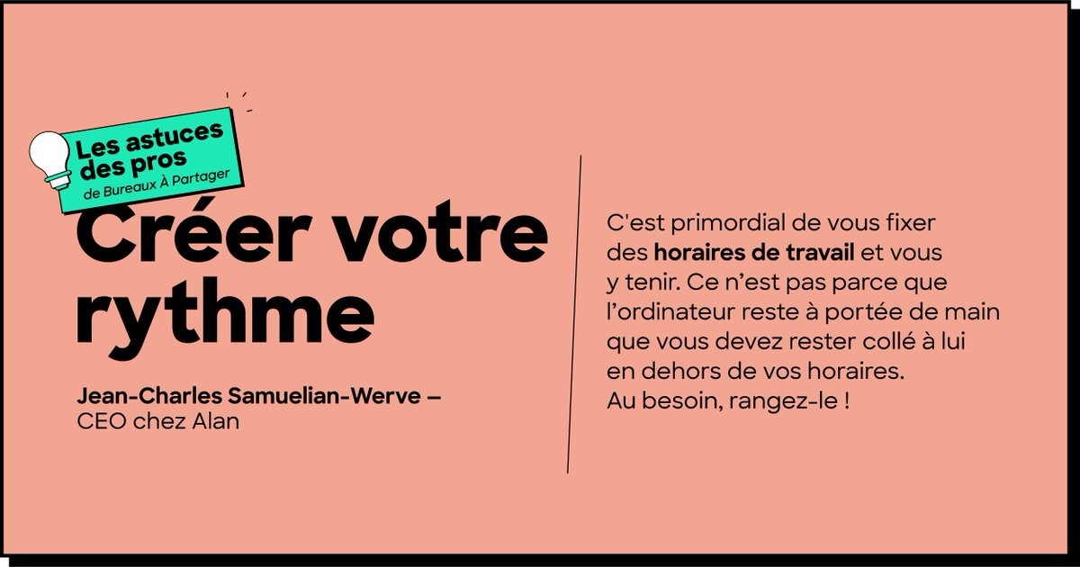 On continue notre série "Les astuces des pros" <a href="/avec_alan/">Alan</a> ! 😍
Leur meilleure astuce en télétravail ? Créer son propre rythme : se fixer des horaires et surtout s'y tenir ! (coucou <a href="/jcsamuelian/">Jean-Charles Samuelian-Werve ʕ•ᴥ•ʔ</a> 👋🏻)