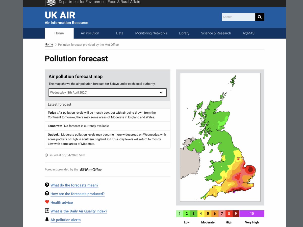  #PollutionAlertApril2020 | HIGH 7-9/10 and VERY HIGH 10/10 particle  #AirPollution from non-traffic sources expected to hit southern UK Wednesday-Saturday (as winds slow and turn easterly). Could hit  #Coronavirus  #COVID19 patients at worst possible time  https://uk-air.defra.gov.uk 