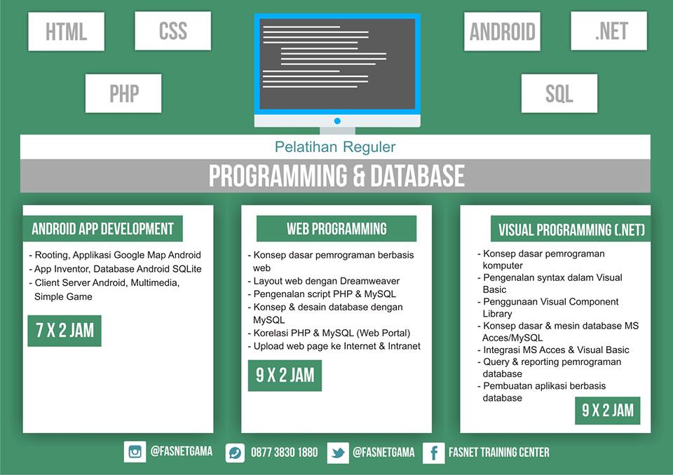 Dibuka pelatihan Web Programming, bisa ke Fasnetgama . Bareng teman kamu langsung buka kelas rame-rame juga bisa loh. Info lebih lanjut bisa hubungi WA: 087738301880 / Hubungi (0274) 5304890